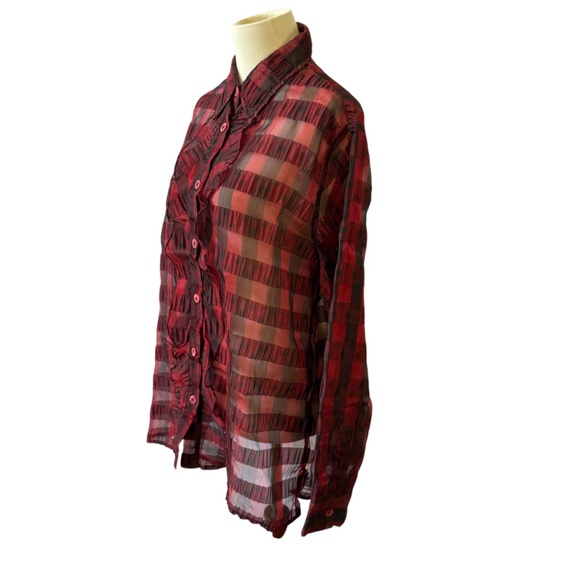 DISMERO TOP SEMI SHEER CRINKLE PLAID CHECKS RUFFLE HOLIDAY DRESSY CHIC L - Picture 4 of 10